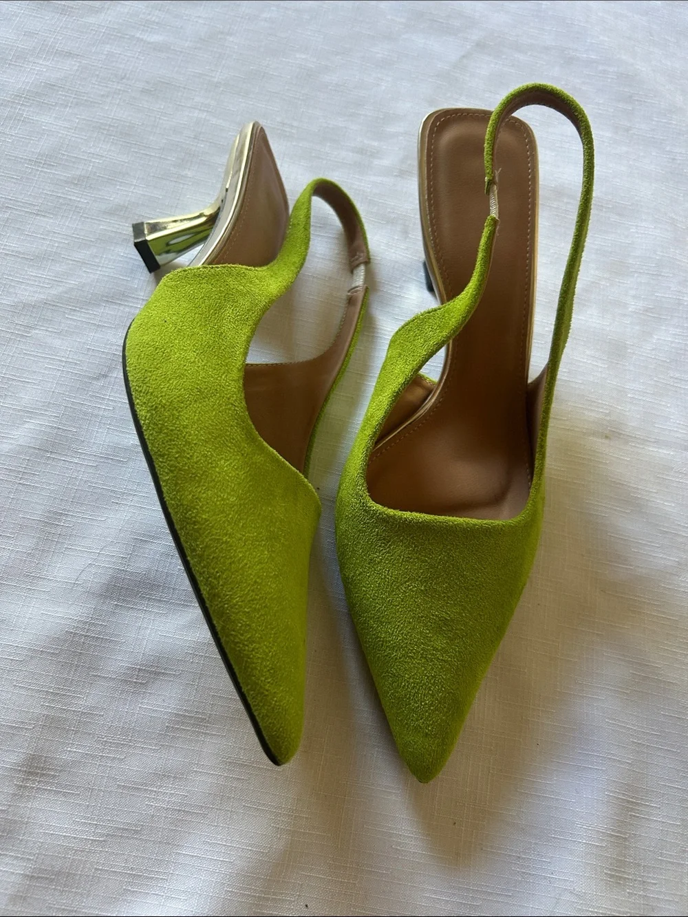 Green Suede Slingback Pointed-Toe Heels